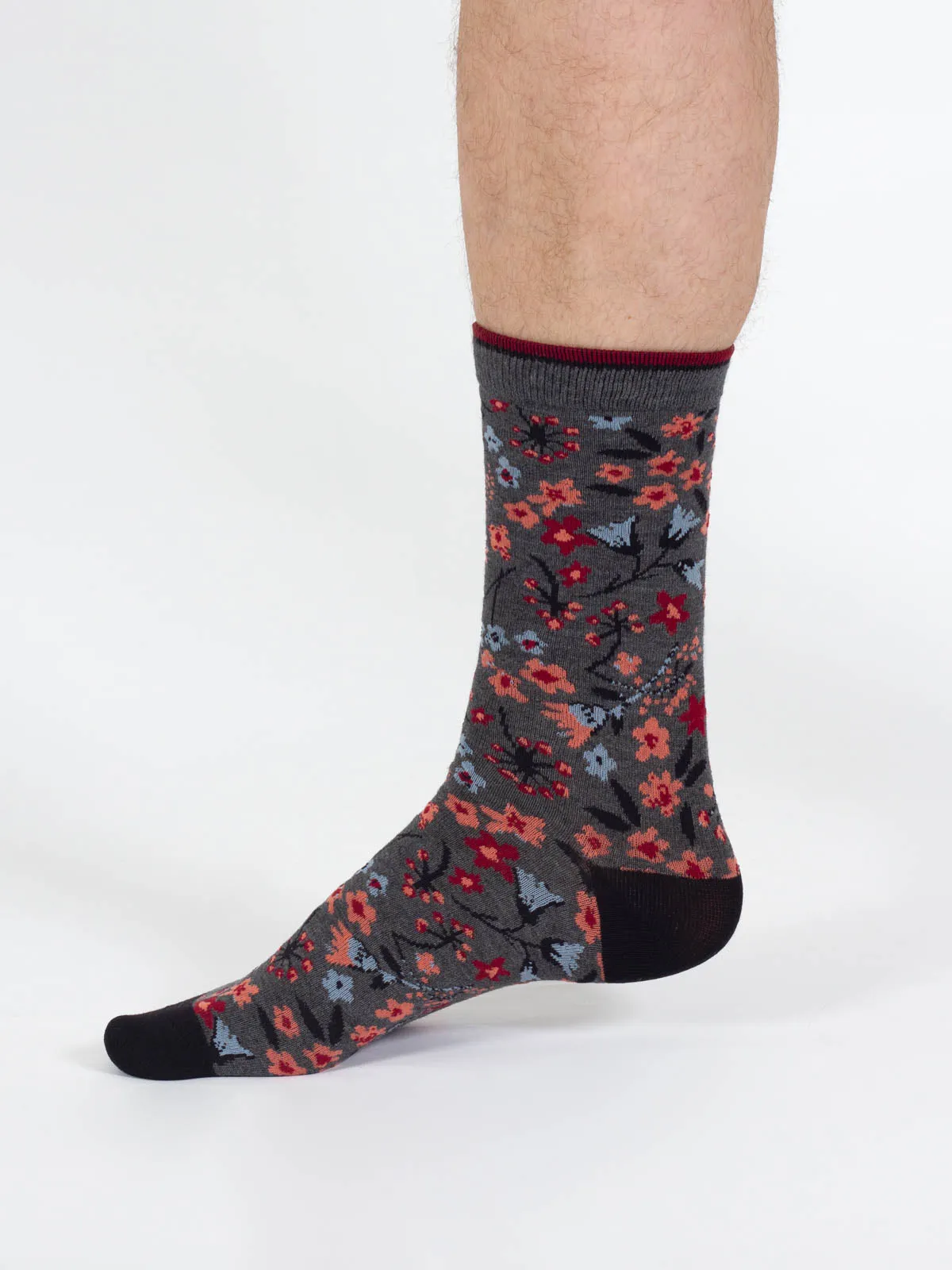 Scattered Flower Bamboo Crew Socks - Dark Grey