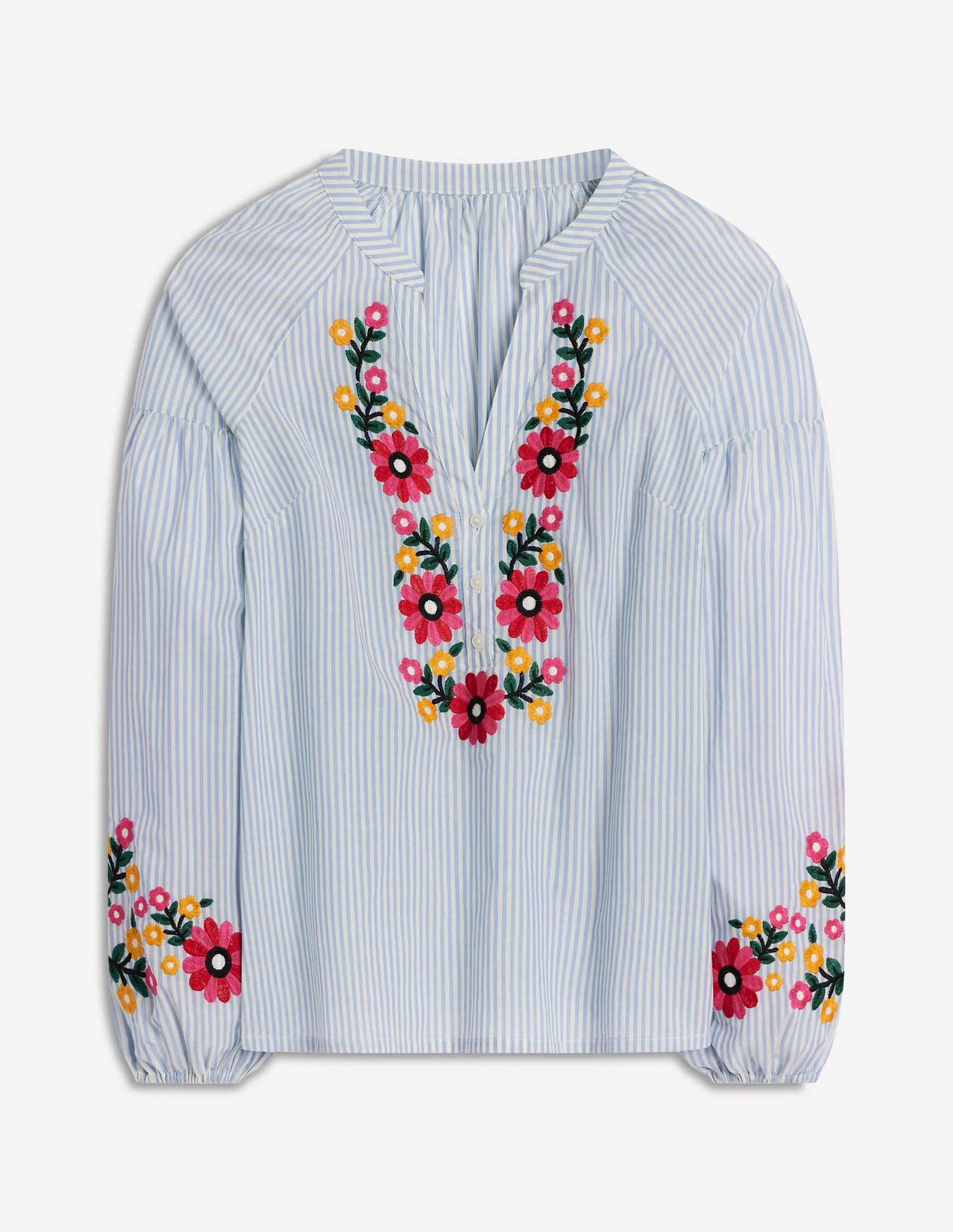 Seamed Sleeve Embroidered Top-Ivory. Navy Stripe