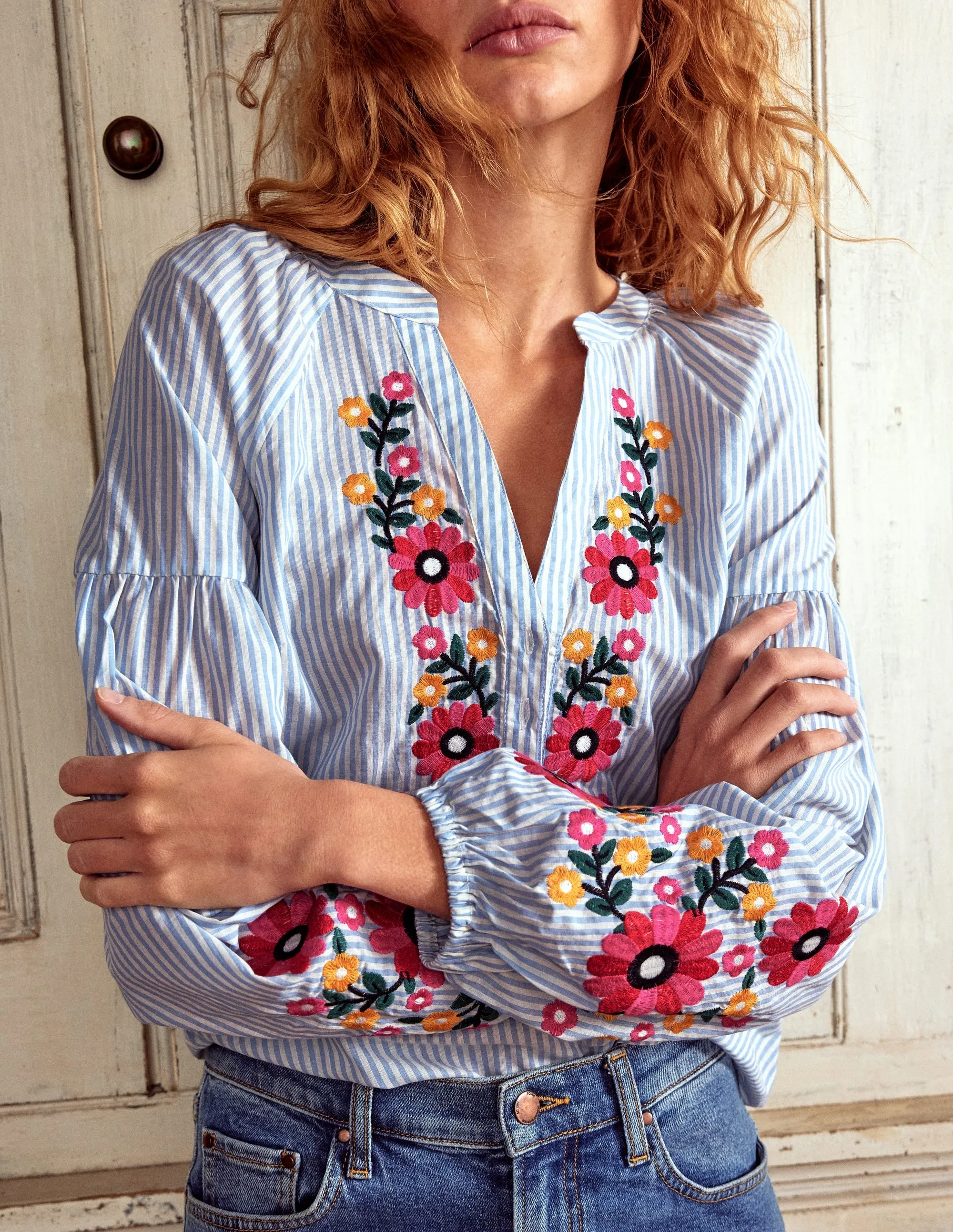 Seamed Sleeve Embroidered Top-Ivory. Navy Stripe