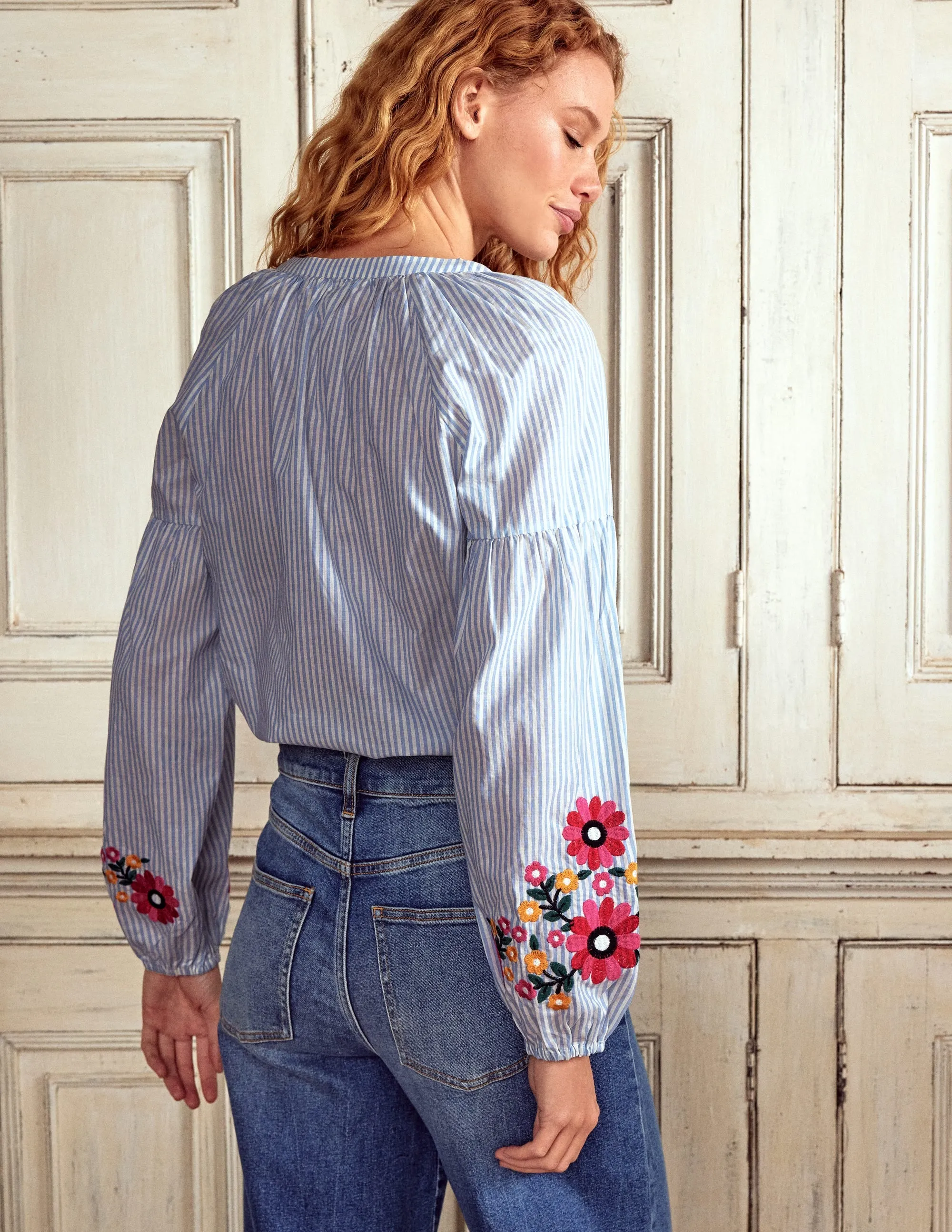 Seamed Sleeve Embroidered Top-Ivory. Navy Stripe