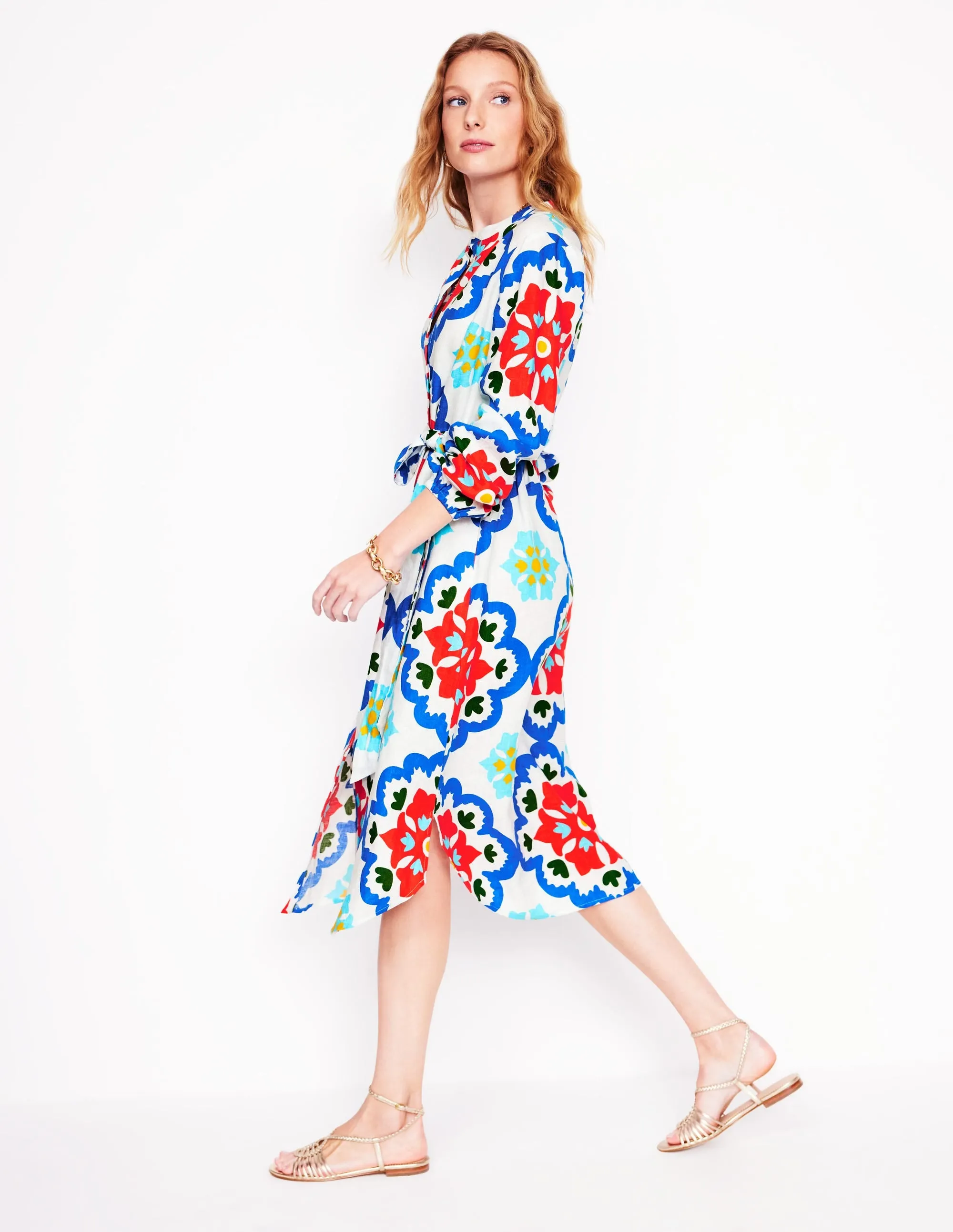 Straight Linen Shirt Dress-Ivory. Bloom Geo