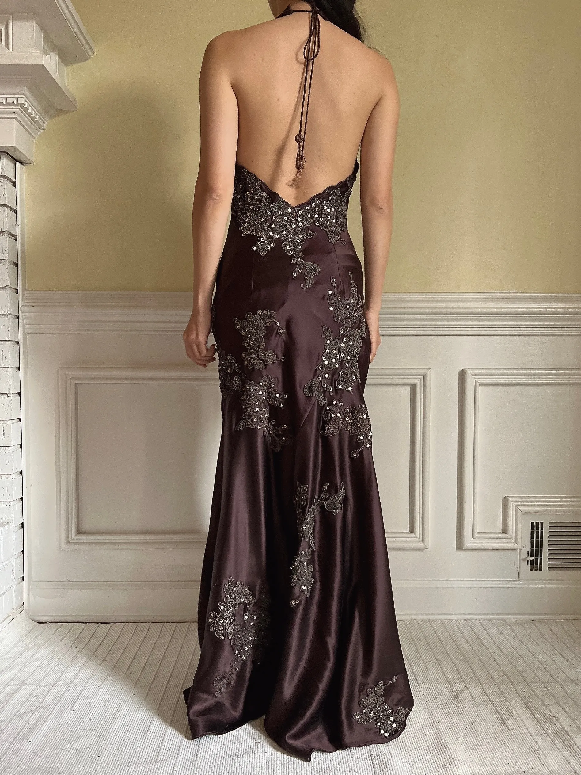 Vintage Chocolate Silk Beaded Dress - XS/S