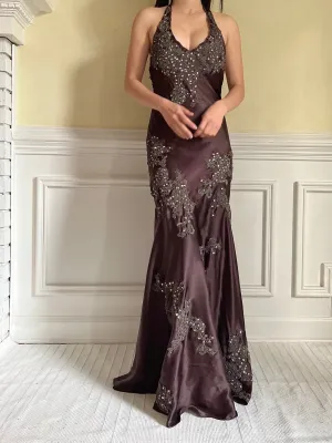 Vintage Chocolate Silk Beaded Dress - XS/S