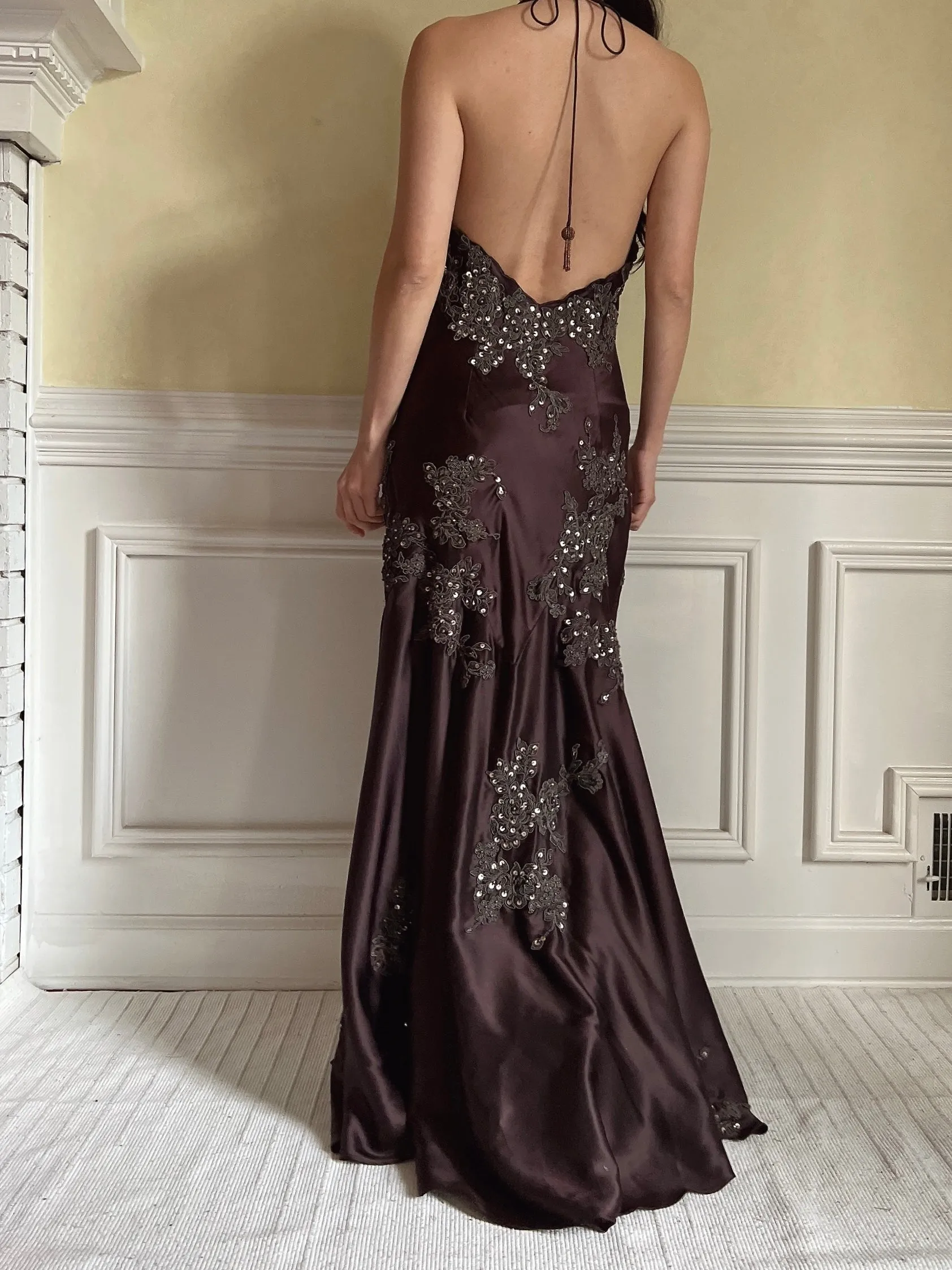 Vintage Chocolate Silk Beaded Dress - XS/S