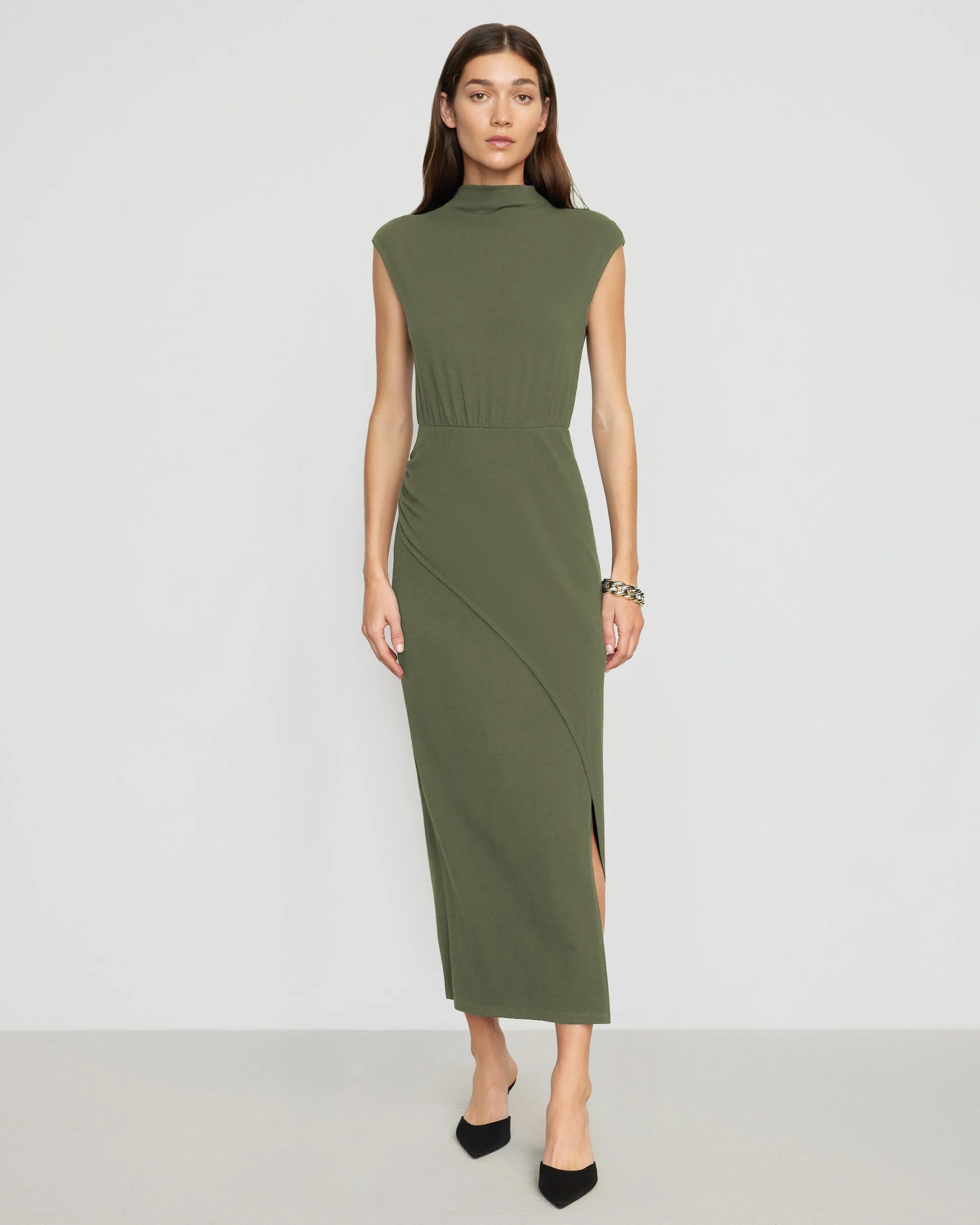 Yimei Mock-Neck Side-Slit Dress
