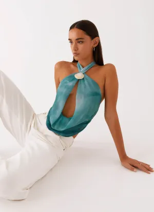 Zola Cowl Neck Shell Top - Green Tie Dye
